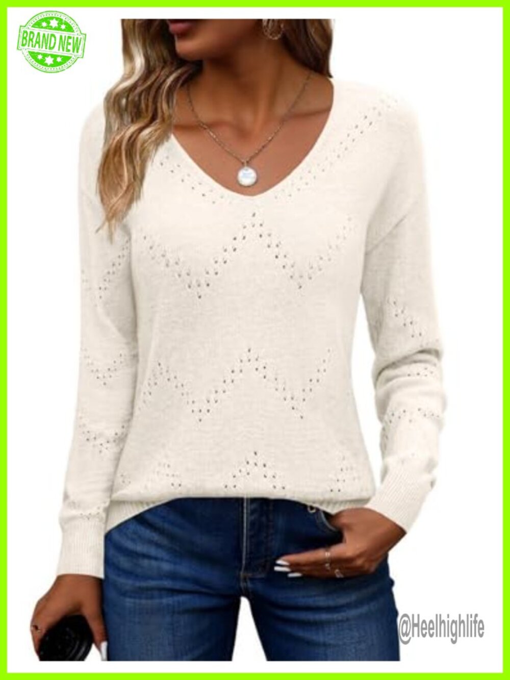 Zeagoo Womens Lightweight Knit V Neck Off Shoulder Crochet Pullover Sweater